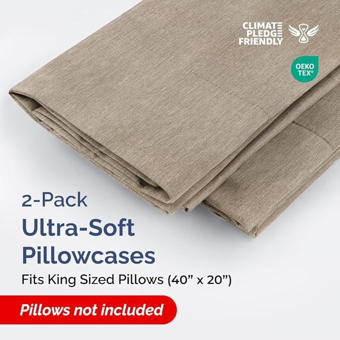 King Pillow Cases Set of 2 - Ultra Soft Hotel Quality Pillowcase Covers - Comfy Bedding for Women, Men, Kids and Teens - Machine Washable Pillow Protectors - 2 Pieces Set - King Size Heathered Beige