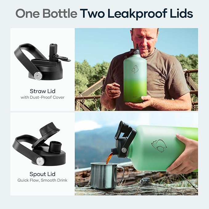 BUZIO 128oz Gallon Water Bottle, Insulated Water Jug with Straw Lid and Carrying Sleeve (Cold for 48 Hrs) Stainless Steel Hydro Metal Canteen Water Flask, Gradient Green