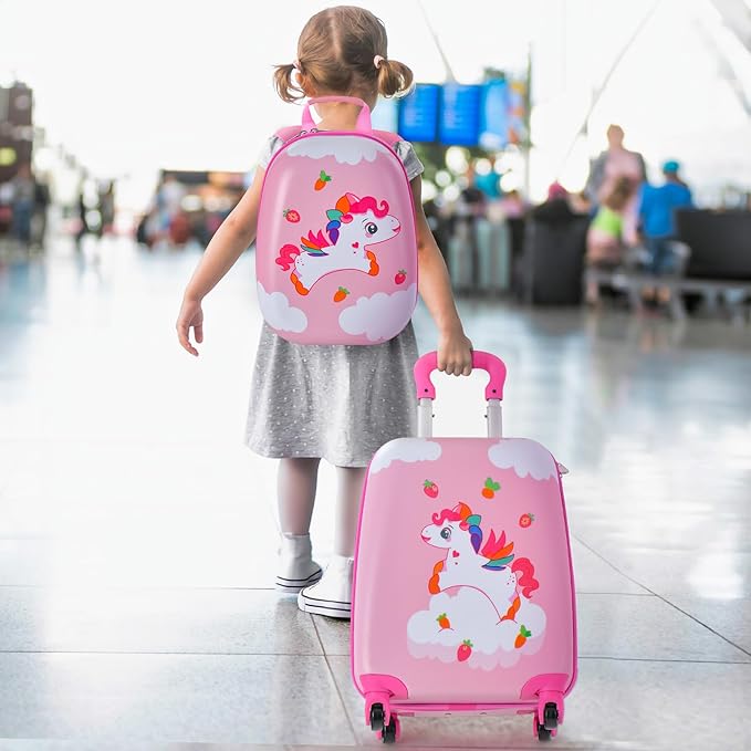 HONEY JOY Kids Luggage, 12" Toddler Backpack & 16" Travel Suitcase with Wheels, Lightweight Toddler Girls Suitcase, Durable ABS Hardshell, 2Pcs Carry On Luggage Set for Boys Girls(Unicorn)