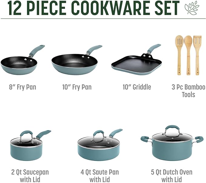 Goodful Ceramic Nonstick Pots and Pans Set, Premium Ceramic Coating Made without PFOA, PTFE or PFAS, Dishwasher Safe, 12-Piece, Turquoise