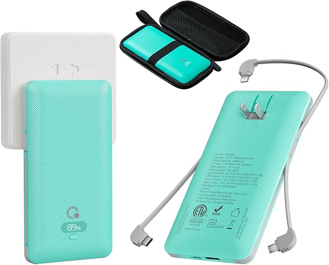 10000mAh Portable Charger with Built-in Cables and AC Wall Plug, USB C Fast Charging Power Bank with 3 Cords,5 Output External Battery Pack Compatible with iPhone,Tablet and All Smart Phones Blue