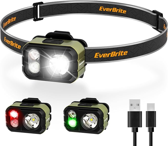 EverBrite Rechargeable LED Headlamp, Only 1.59 OZ Ultra-Light with Hat Clip, IP67 Waterproof, White/Red/Green Light, 7 Modes for Camping, Running and Backpacking-Green