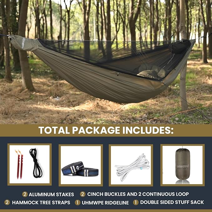 Onewind 11ft Camping Hammock with Mosquito Net and Structure Ridgeline, Lightweight Portable Hammock with 12ft Tree Straps Ideal for Outdoor Hiking Backpacking, OD Green