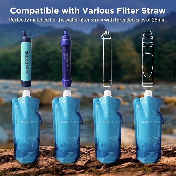 Membrane Solutions Collapsible 23oz Water Bottle with Filter Straw, Reusable Pouch and Carabiner, Foldable Water Container for Hiking, Camping, Travel, Emergency