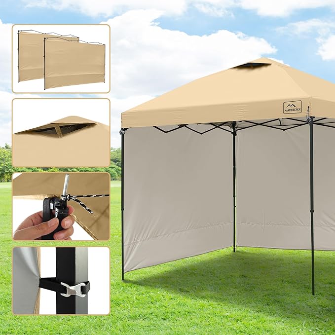 KAMPKEEPER 10x10 Easy Pop Up Canopy Tent with 2 Sidewalls, Instant Outdoor Shade Shelter with 2 PCS Removable 10FT Sun Walls, Quick Setup Waterproof and UV-Resistant for Patio, Camping, Backyard
