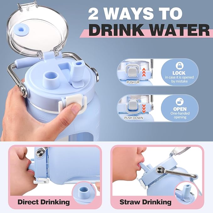 BLUEGO 64oz Water Bottle Glass with Stainless Steel Handle Large Water Bottle with Time Markers and Silicone Sleeve Half Gallon Water Jug BPA Free for Gym Daily Use, Blue