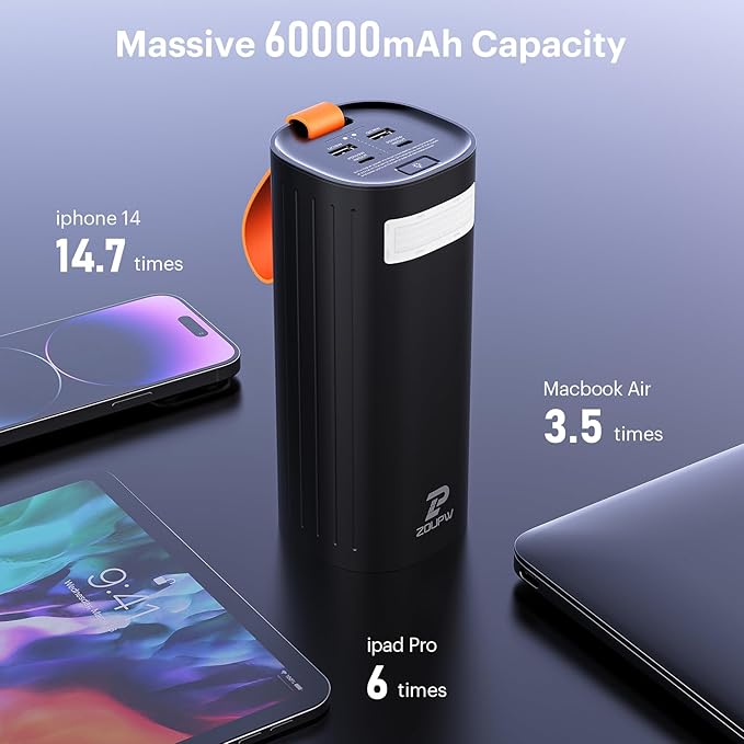 60000mAh Power Bank,Travel Essentials,200W Portable Charger with 2 Fast Charging USB-C &2 USB-A Output,Compatible with Phones Airpods Laptop Drone for Home Backup Travel Camping Essentials