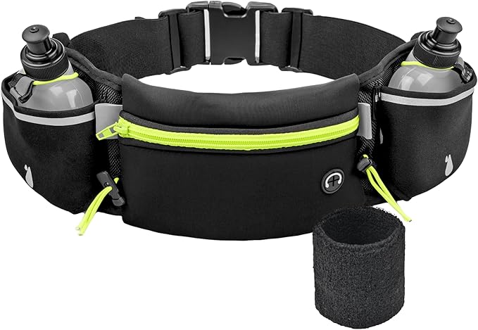 Hydration Running Belt for Women & Men with 2 Water Bottles – Water-Resistant Waist Pack & Phone Holder, No-Bounce Fit for Running, Hiking, Workouts – Bonus Sweatband, Fits All Phones