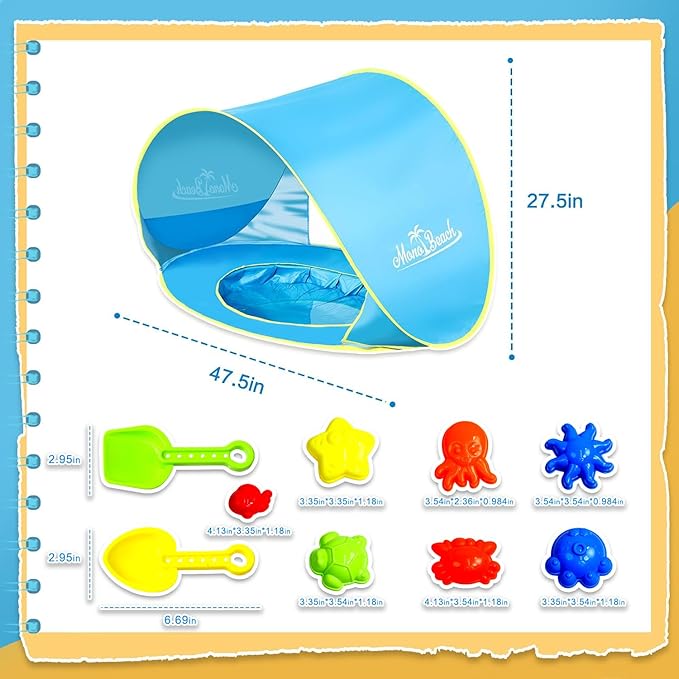 Monobeach Baby Beach Tent with Beach Sand Toys Pop Up Portable Shade Pool UPF50+ UV Protection Sun Shelter for Infant with Easy Set Up Canopy (Blue with Toys)