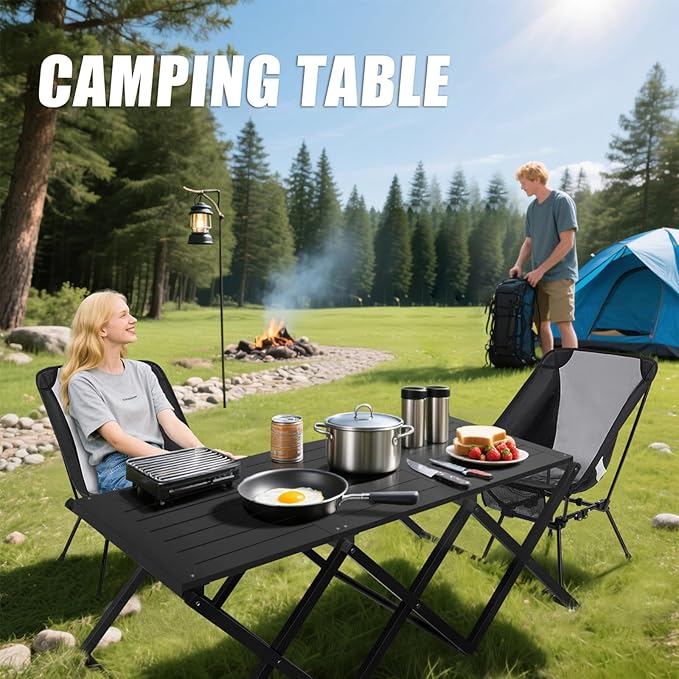 Camping Table and Chairs Set, 2-in-1 Aluminum Folding Table with 3-Tier Storage Rack, Heavy Duty Portable Camp Kitchen for Outdoor, Camping, Hiking, Beach