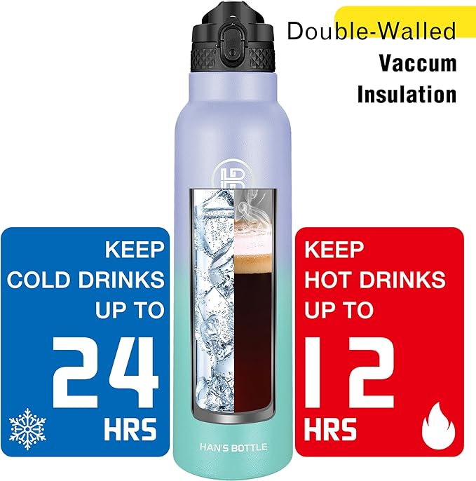 Han's Bottle Sports Water Bottle - 32 Oz, Straw Lid, Leak Proof, Vacuum Insulated Stainless Steel, Double Walled, Thermo Mug,Lilac green