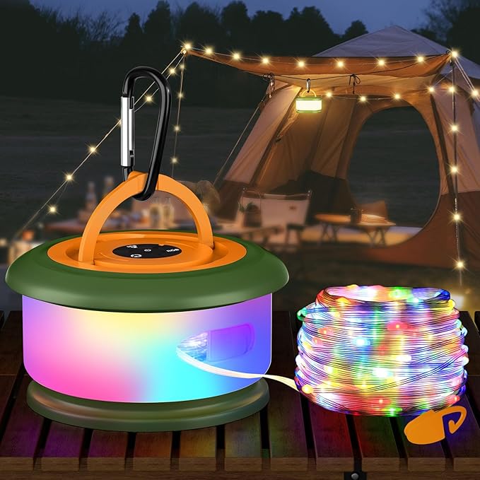 Camping String Lights, Retractable 32.8ft RGB Flash Lamp, Rechargeable LED Fairy Lights Outdoor Waterproof, Portable Hanging Lantern for Outside Tent Patio Awning Garden RV Essentials