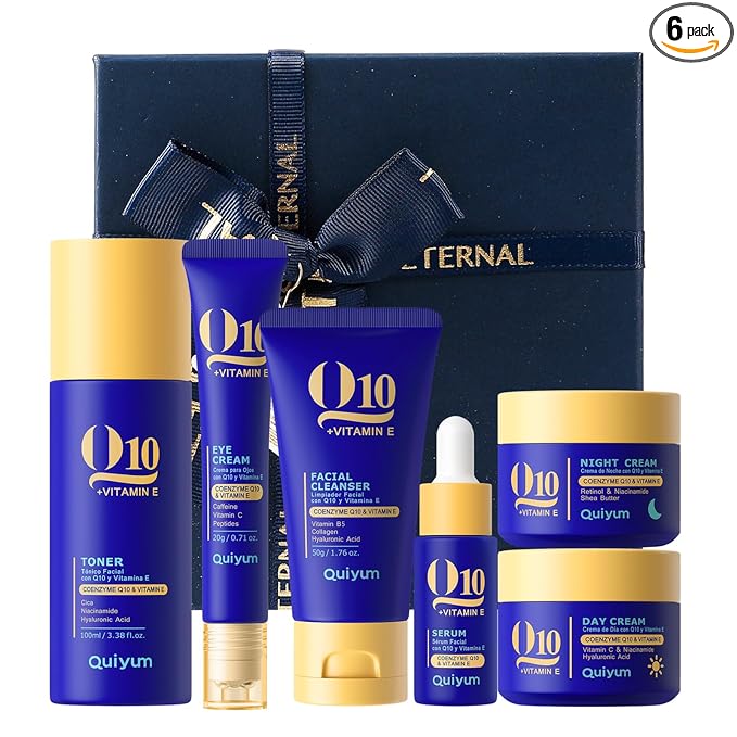 QUIYUM Q10 & Vitamin E Complete Skincare Set – 6-Step Daily Routine with Cleanser, Toner, Serum, Eye Cream, Day & Night Moisturizer – Hydrating, Firming, Radiant Skin Care Kit for All Skin Types