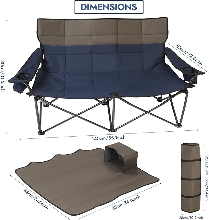 Oversized Double Camping Chairs, Folding Outdoor Chairs with Padded Roll Tote, Heavy Duty Camping Chair for Beach, Lawn, Fishing, and Sports (Blue+Gray)