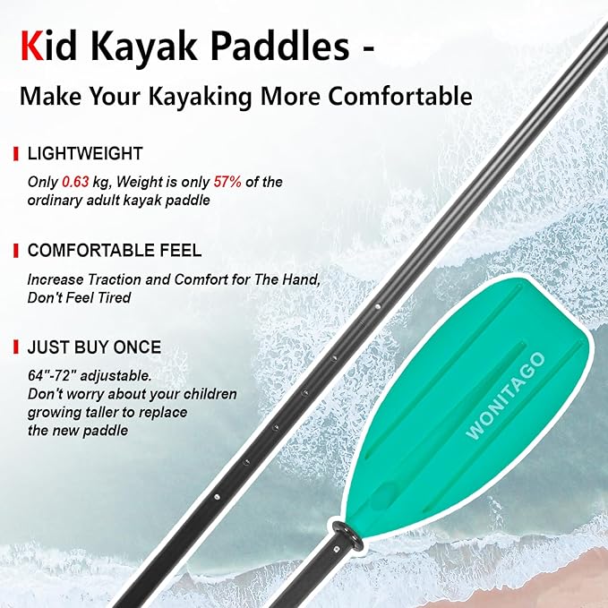 Kayak Paddles for Kid with Aluminum Shaft and PP Blade, Floating Kayaking Oars for Youth and Junior, Adjustable 163-183cm/64-72 Inches