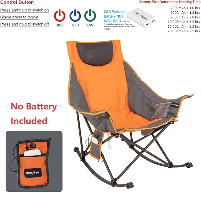 SUNNYFEEL Oversized Heated Camping Chair 2 Pack, Folding Rocking Camping Chairs with Luxury Padded Recliner,Carry Bag, 300 LBS Heavy Duty for Lawn/Outdoor/Picnic/Patio, Portable Rocker Camp Chair