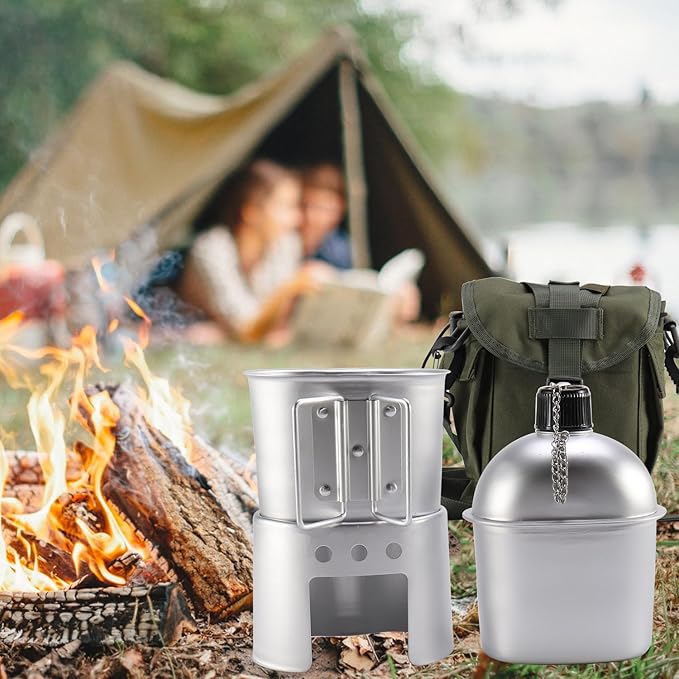 Military Canteen with Cup Stove and Molle Pouch Military Surplus Army Canteen for Outdoor Camping Hiking Surviving Backpacking