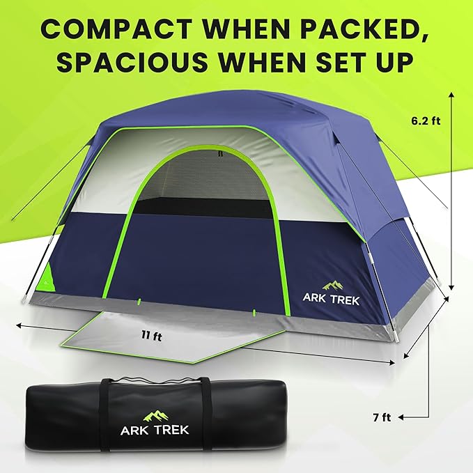 ArkTrek 6 Person Tents for Camping-Robust Family Camping Tent Cabin w Ground Sheet, Rainfly Cover, Powerport-Comfy Large Quick, Waterproof Pop up Camping Tent for Picnics Fishing Hiking