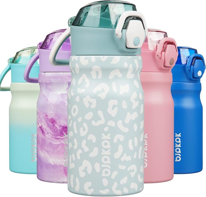 BJPKPK Water Bottle With Straw 14oz Insulated Water Bottles Reusable Stainless Steel Metal Thermo With Leak Proof Lockable Lid And Carry Handle,Light Blue Leopard