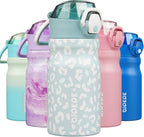 BJPKPK Water Bottle With Straw 14oz Insulated Water Bottles Reusable Stainless Steel Metal Thermo With Leak Proof Lockable Lid And Carry Handle,Light Blue Leopard