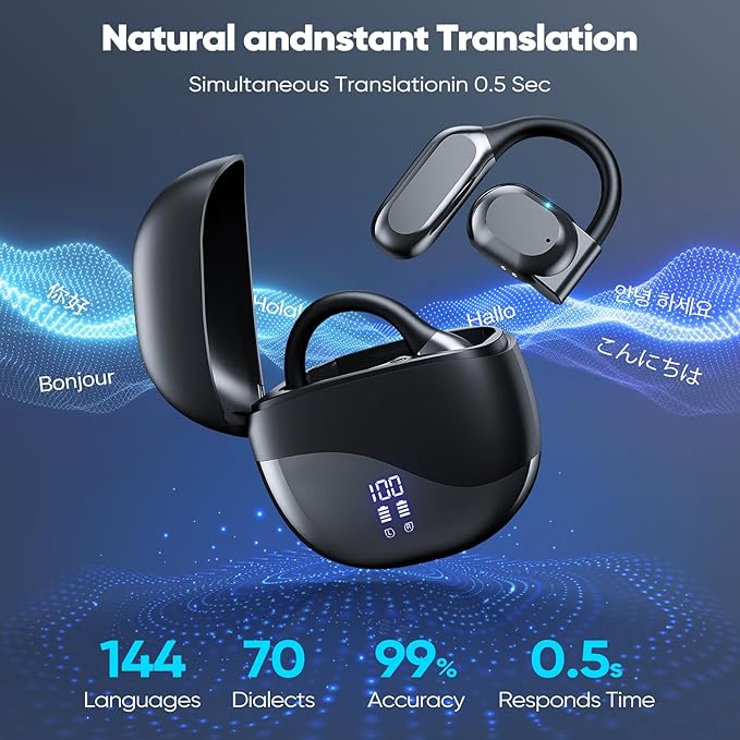 AI Translation Earbuds with Real-Time 144 Language Support, Bluetooth 5.4 Wireless Headphones for Travel, Business & Learning, 80H Playtime Compatible with iOS & Android, Includes Charging Case