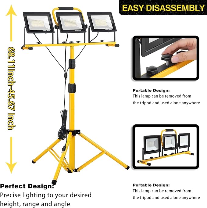 21000 lumens LED Work Light, IP66 Waterproof Portable Work Light, with Tripod, 16.4-Foot (About 5 Meters) Wire; Suitable for Outdoor and Indoor Workshop, Garage, and Construction site Lighting