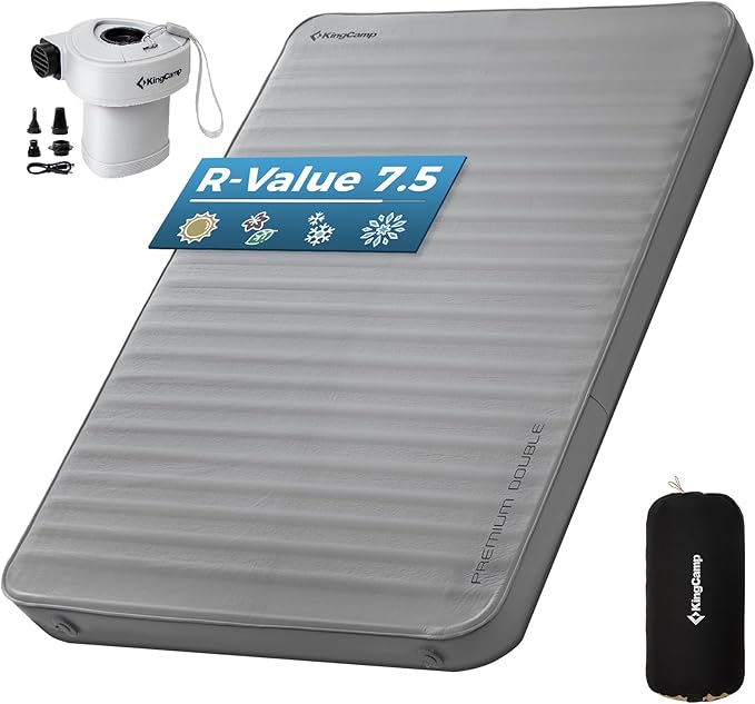 KingCamp Self Inflating Sleeping Pad, R 7.9 Air & Foam Camping Mattress 2 Person, 3" Thick Full Size Double Sleeping Pad with Air Pump for Camp Tent Outdoor Car, PVC Free (Grey)