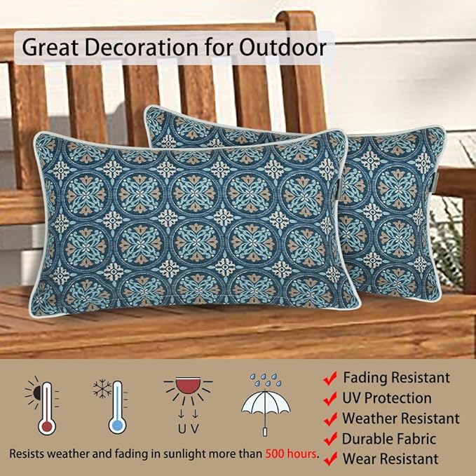 Magpie Fabrics Pack of 2 Outdoor Lumbar Pillow Case Covers 12"x20", Waterproof Rectangular Throw Pillowcase Shell Decorative Sham for Patio Garden Couch - Morgan Medal Blue