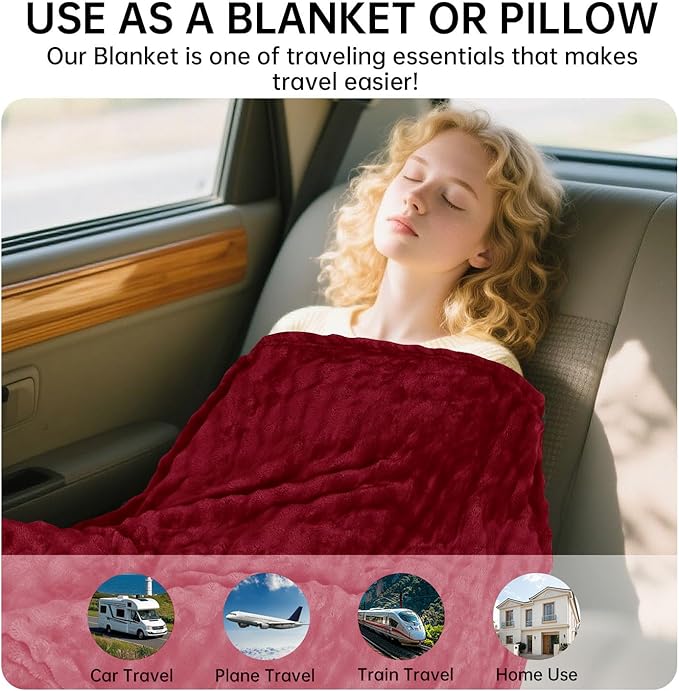 Travel Blanket and Pillow-2-in-1, Ultra-Soft&Compact, One-Piece Airplane Blanket with Hand Luggage Belt and Backpack Clip,Travelers Accessories Gifts, 61x43 Inches（Burgundy）