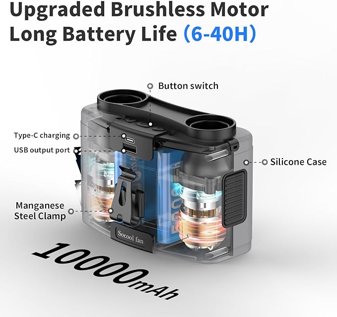 Socool 10000mAh Portable Waist Fan Clip on Wearable Belt Personal Fans Rechargeable Battery Operated, 20H Cooling with 10 Speeds & Dual Motors,Neck Hanging Hands-Free for Outdoor Travel Power Bank