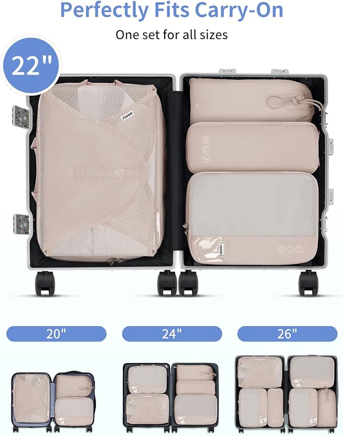 WANDF 7 Set Compression Packing Cubes for Travel, Shirt Folder for Wrinkle-Free, Suitcase Organizer Bags Set for Carry-On Checked Luggage Duffle Bag Women Men(Khaki)