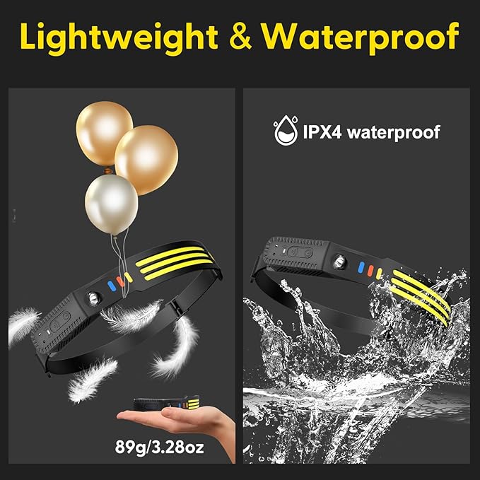 Lsnisni Headlamp Rechargeable 2Pack, 230°Wide Beam Head Lamp LED, Head Flashlight with Motion Sensor, 5 Mode Head Lights for Forehead, Waterproof Headlamps for Adults Hiking Camping Gear