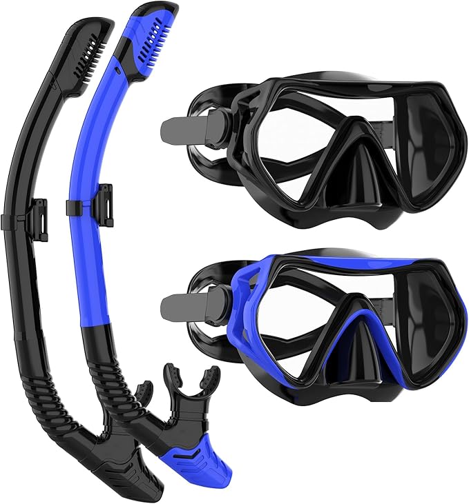 Snorkeling Gear for Adults, JRing Snorkel Mask Set with 180 Degree Tempered Glass Anti Fog Goggles Scuba Dry Top Snorkel for Swimming, Scuba Diving Mask for Men Women