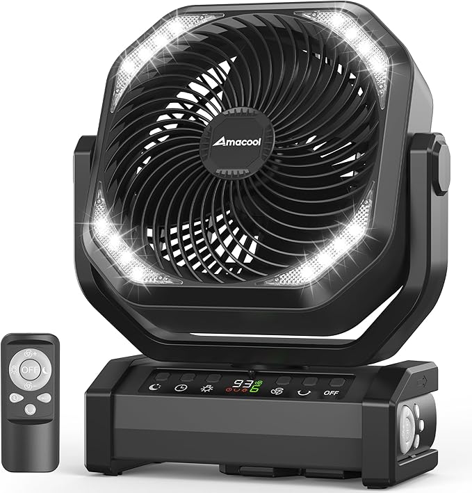 Camping Fan with Light, 20000mAh Rechargeable Battery Operated Fan, 112H Max Cooling Time, 8 Speeds, Digital Display, Remote Control, 270°Pivot with Hook for Tent Car RV Power Outage Hurricane