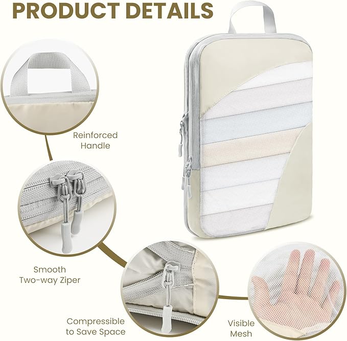 10 Set Compression Packing Cubes, Lightweight Travel Essentials, Stretchable Expandable Storage Bags, Compression Bags for Travel Accessories Luggage Storage Set (10 Pcs, Beige)