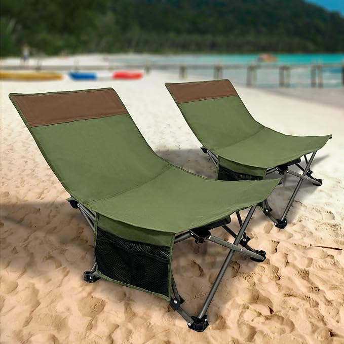 Compact Backpack Beach Chairs 2 Pack with Adjustable Backrest & Side Pocket, Low Folding Camping Chairs for Adults, Portable Reclining Chairs for Beach, Lawn, Travel