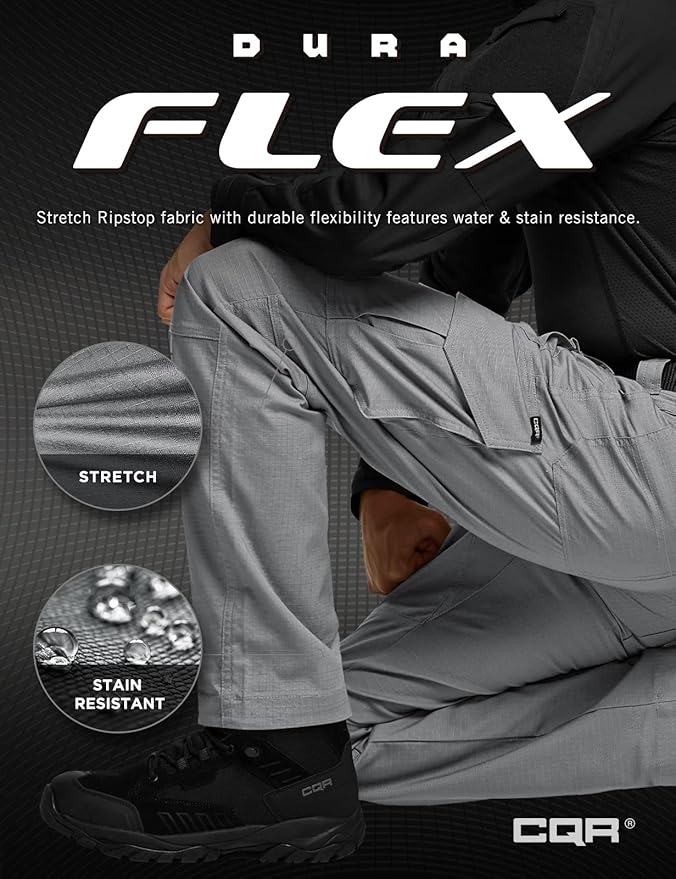 CQR Men's Flex Ripstop Tactical Pants, Water Resistant Stretch Cargo Pants, Lightweight EDC Hiking Work Pants