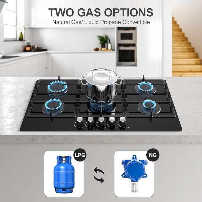 36 Inch Gas Cooktop Propane Stove, 5 Burner Built-in Gas Stove Top with Tempered Glass Panel, NG/LPG Dual Fuel Auto Ignition Propane Cooktop with Thermocouple Protection