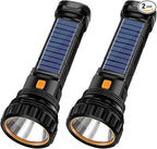 2pcs Solar/Rechargeable Multi Function 1000 Lumens LED Flashlight, with Emergency Strobe Light and 1200 Mah Battery, Emergency Power Supply and USB Charging Cable, Fast Charging (2PC)
