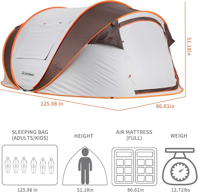 EchoSmile Instant Pop Up Camping Tent, 2/4/6 Person, Easy Setup Tent, Water Resistant Dome, Portable with Carry Bag