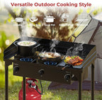 CAMPLUX 3 Burner Camping Stove for Outdoor Cooking, 225,000 BTU Propane Outdoor Stove with Detachable Stand Legs and Windshield, Propane Gas Stove with Adjustable High Pressure Regulator and Hose