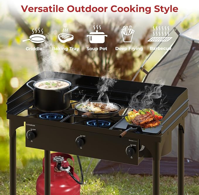 CAMPLUX 3 Burner Camping Stove for Outdoor Cooking, 225,000 BTU Propane Outdoor Stove with Detachable Stand Legs and Windshield, Propane Gas Stove with Adjustable High Pressure Regulator and Hose