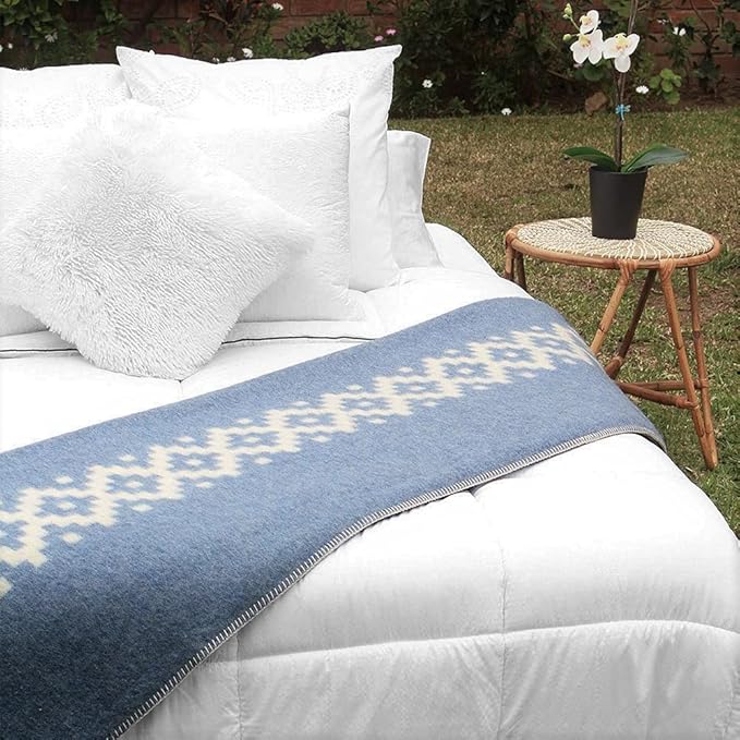 Thick Alpaca Wool Blanket Heavyweight Camping Outdoors Indoors Soft Peru Queen Size Stripes Design (Soft Blue - Ivory, Queen Size)
