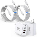 10Foot iPhone 17/16/15 Cord Fast Charging,2Pack Super Quick 60W i Phone USBC Charging Block 5-Port Phone Plug Long 10FT Type C Woven Cable for i Phone17/17 Air,iPhone 16e/16/15/15Pro,iPad Pro/Air/Mini