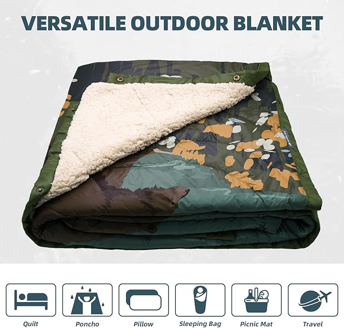 Outdoor Camping Blanket with Sherpa Lining, Extra Warm Thick Camp Blankets and Puffy Ultralight Soft Poncho DWR Camping Quilt for Cold Weather, Adventure, Sleeping, Backpacking 78"x 56"