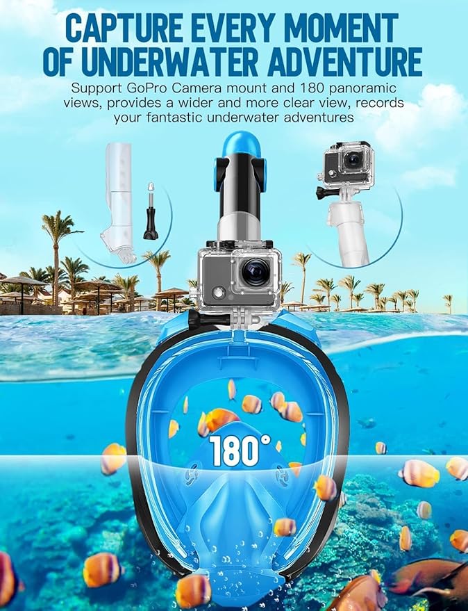 Zenoplige Full Face Snorkel Mask Adults,Dry-Top Snorkeling Gear with Camera Mount,Foldable 180-Degree Panoramic Scuba Mask for Snorkeling Diving Swimming Travel,Snorkel Mask Anti-Fog & Anti-Leak