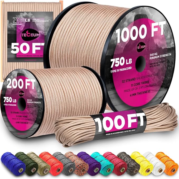 TECEUM 5/32" Paracord Rope 1000 – 1000ft / 200ft / 100ft / 50ft – Tactical Parachute Cord 4mm – 45+ Colors – Nylon String for Survival & Camping Gear – Stripe Cord for Survival – Utility Rope