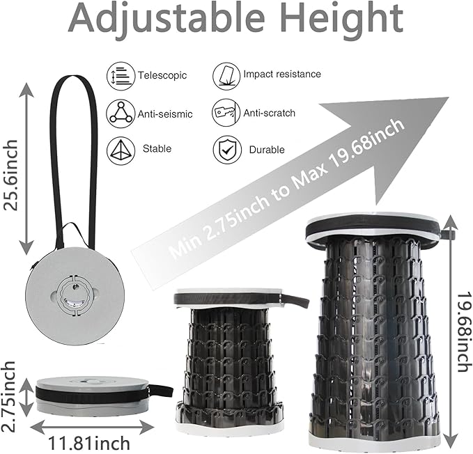 Upgraded XXL Collapsible Stool with Cushion,19.7"H-11.8"D Telescoping Folding Stool for Adults,More Sturdy Portable Camping Stools with Load Capacity 1000lbs for Outdoor,Garden,Fishing,Hiking