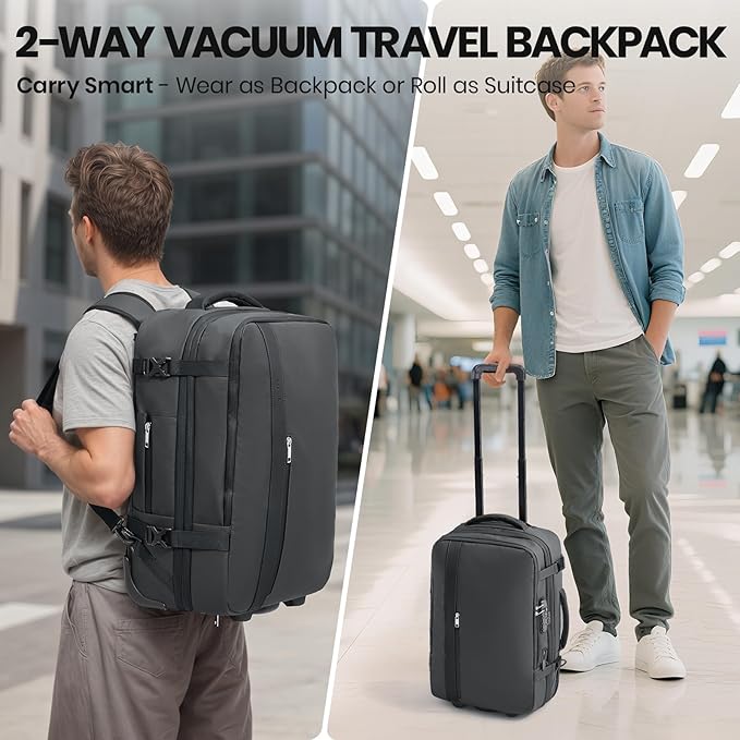 Fanwoli Vacuum Rolling Travel Backpack, Carry On Luggage with TSA Lock & Anti Theft Zipper, 70L Expandable Airback with Compression Pump, Waterproof Laptop Bag Ideal for Flight & Business