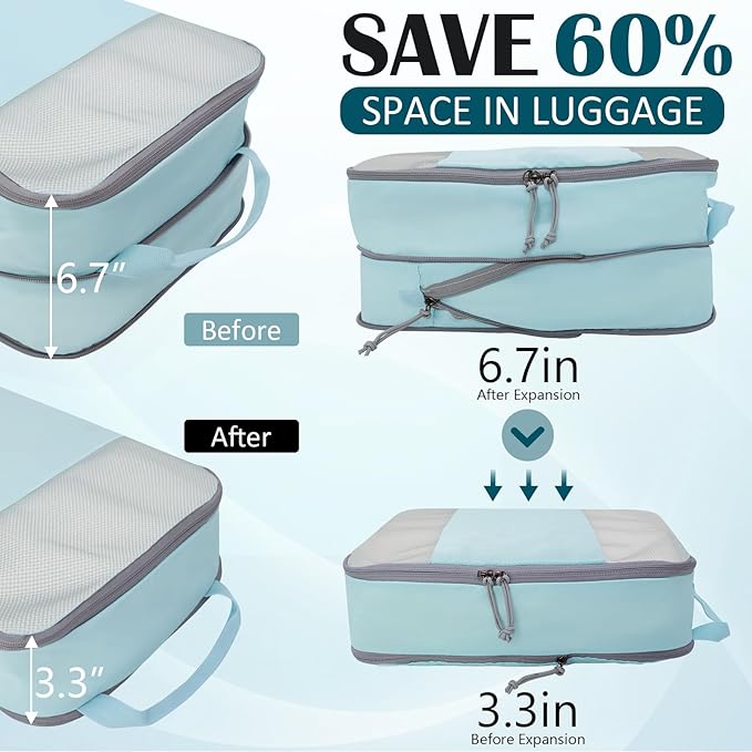 Compression Packing Cubes for Travel Essentials, 2 Set Expandable Compression Bags for Travel Packing Cubes for Suitcase Luggage Organizer Bags, Blue Mesh